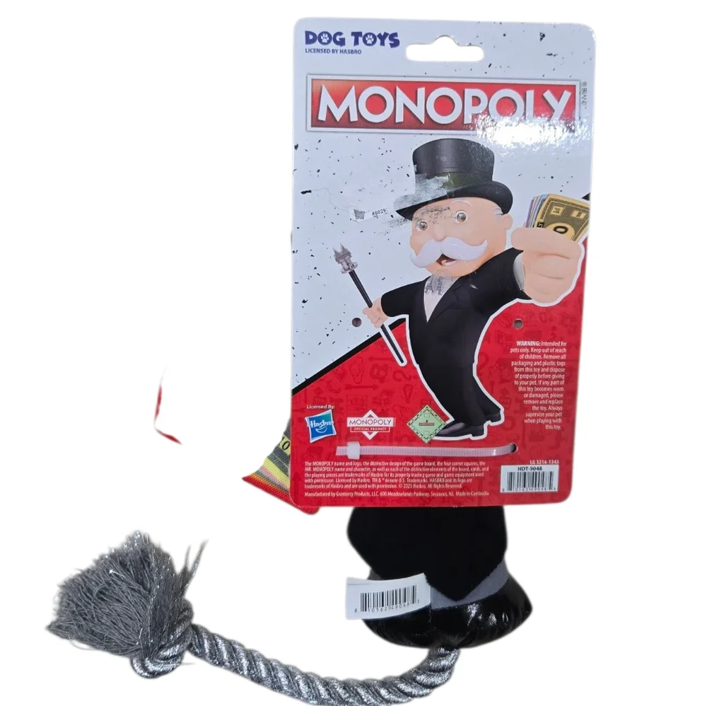 Hasbro Monopoly Mr. Moneybags Squeak & Crinkle Plush Dog Toy Rope tug🐾🐕